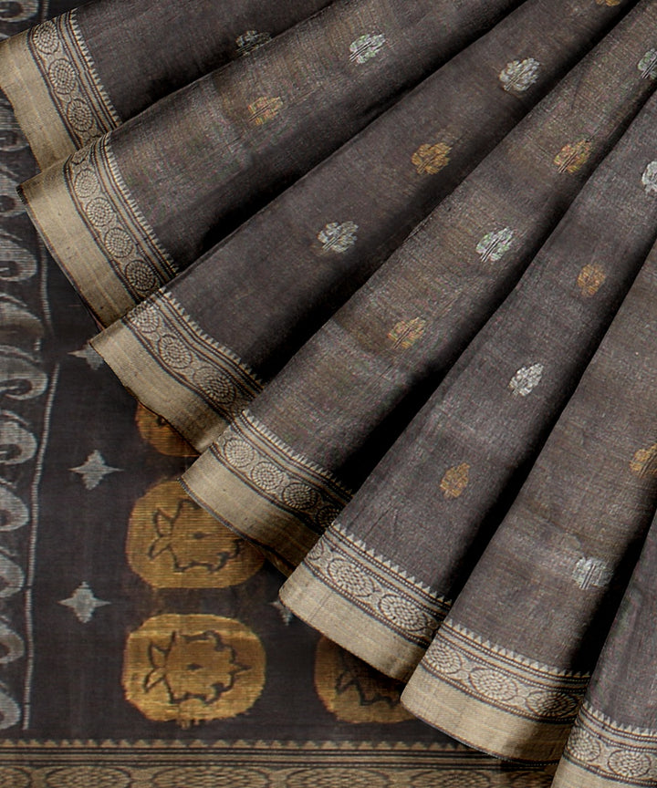 Grey beige gold zari tussar silk handwoven chattisgarh saree
