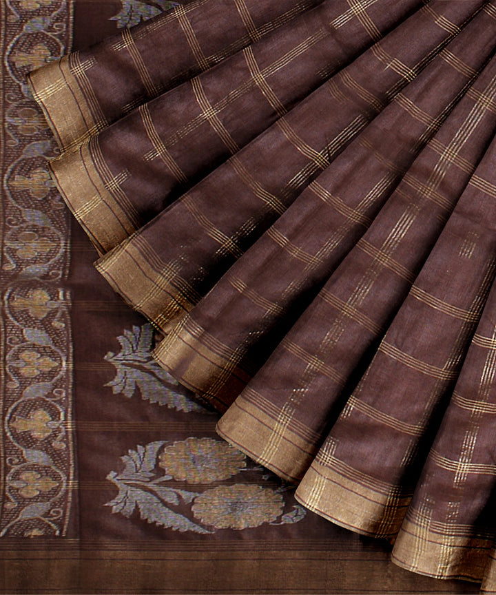 Chocolate brown checked tussar silk handwoven chattisgarh saree
