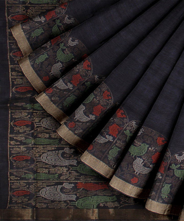 Charcoal black zari tussar silk handwoven chattisgarh saree