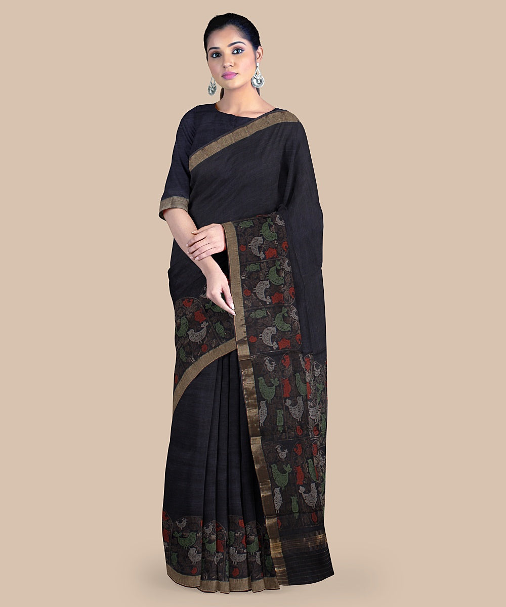 Charcoal black zari tussar silk handwoven chattisgarh saree