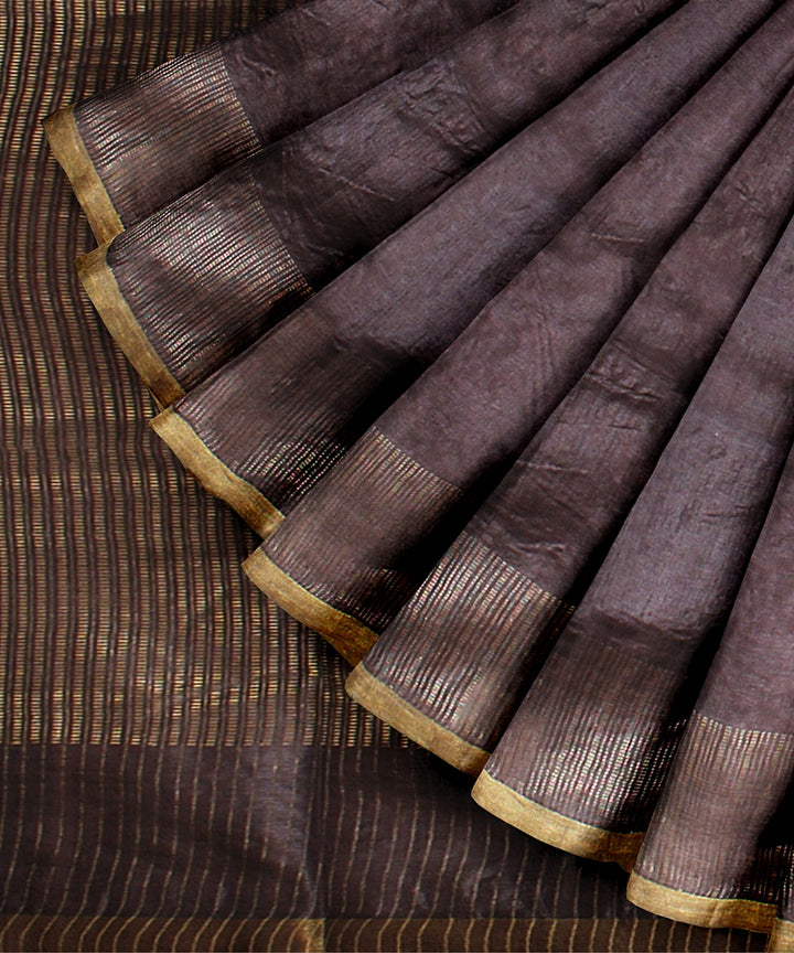 Coffee grey gold zari tussar silk handwoven chattisgarh saree