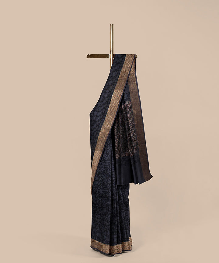 Grey black tussar silk hand printed chattisgarh saree