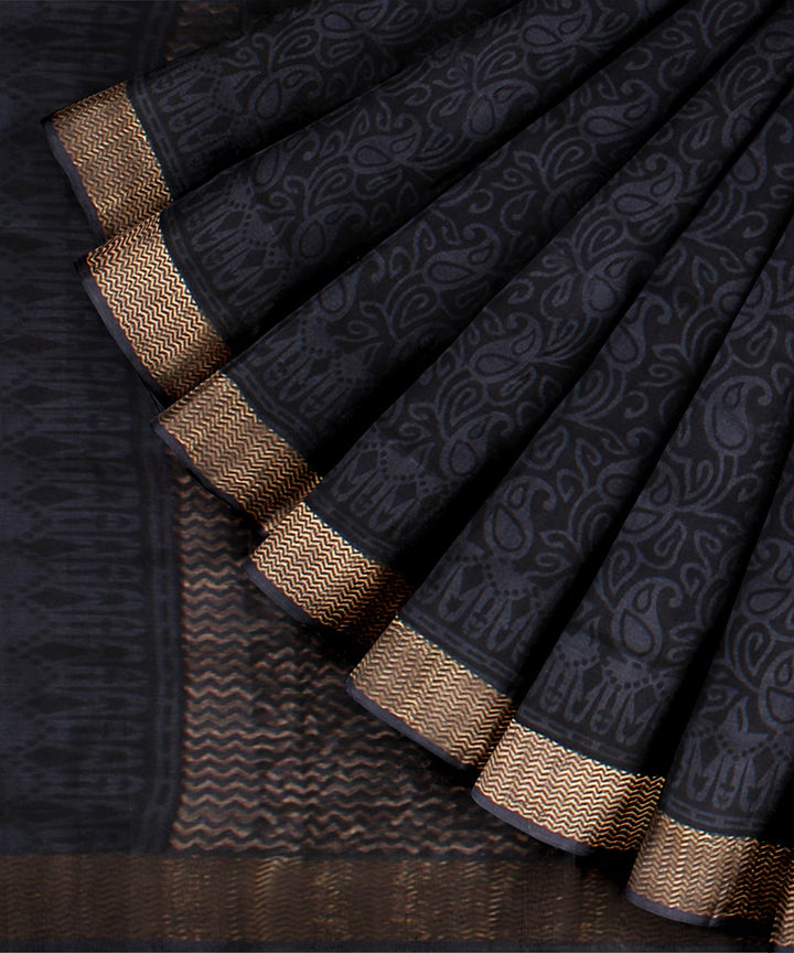 Grey black tussar silk hand printed chattisgarh saree