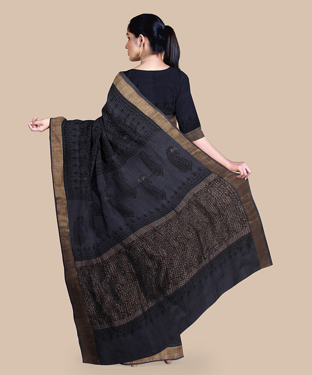 Grey black tussar silk hand printed chattisgarh saree