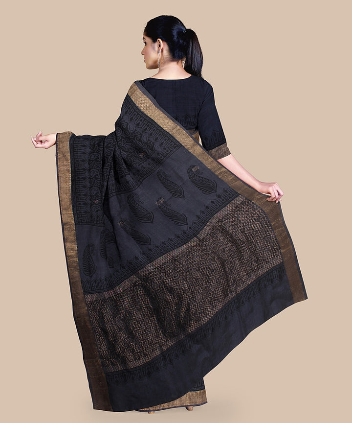 Grey black tussar silk hand printed chattisgarh saree
