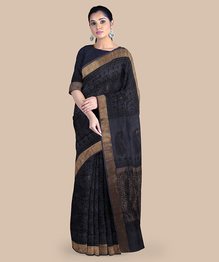Grey black tussar silk hand printed chattisgarh saree