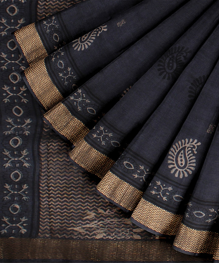 Grey beige black tussar silk hand printed chattisgarh saree