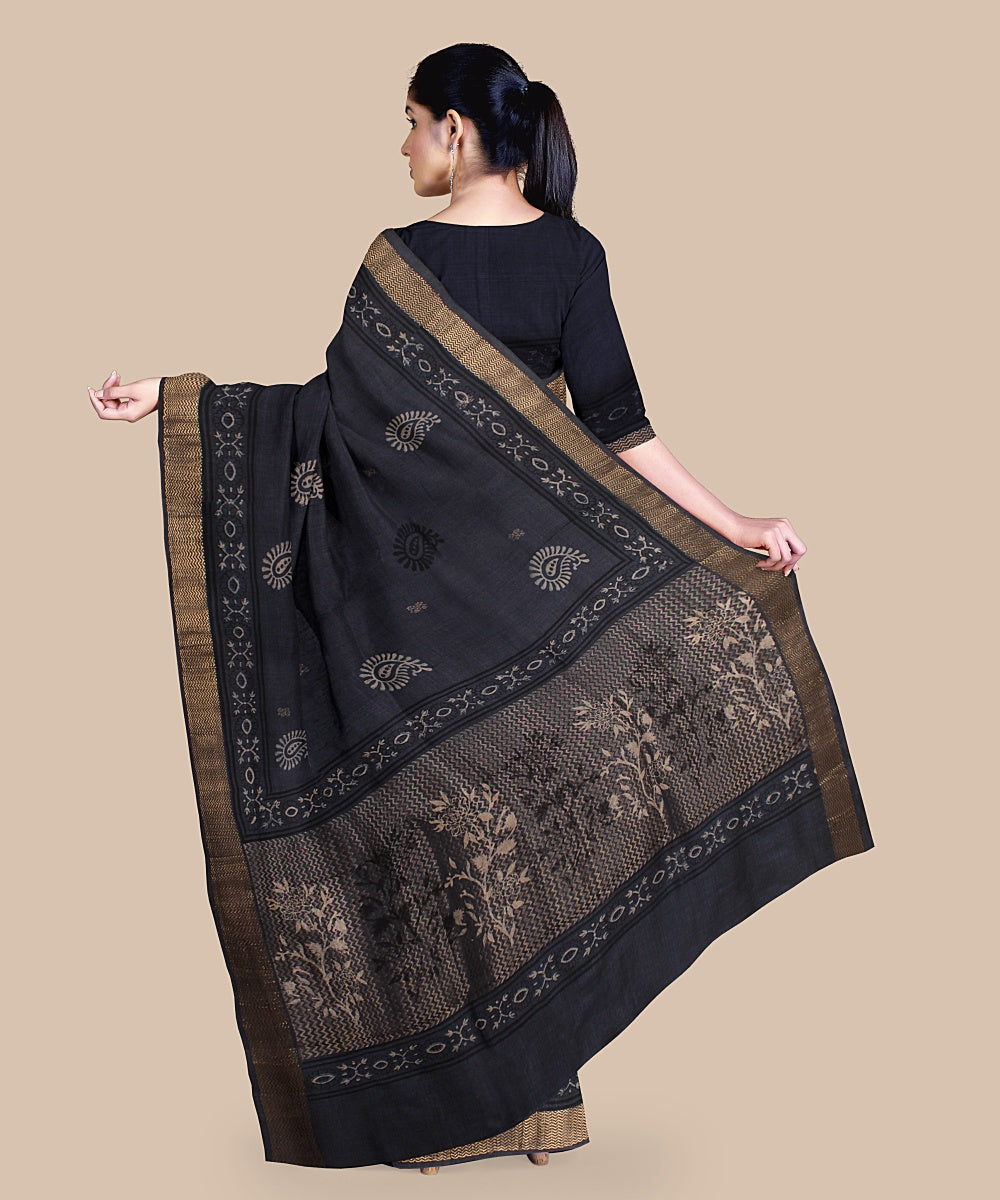 Grey beige black tussar silk hand printed chattisgarh saree