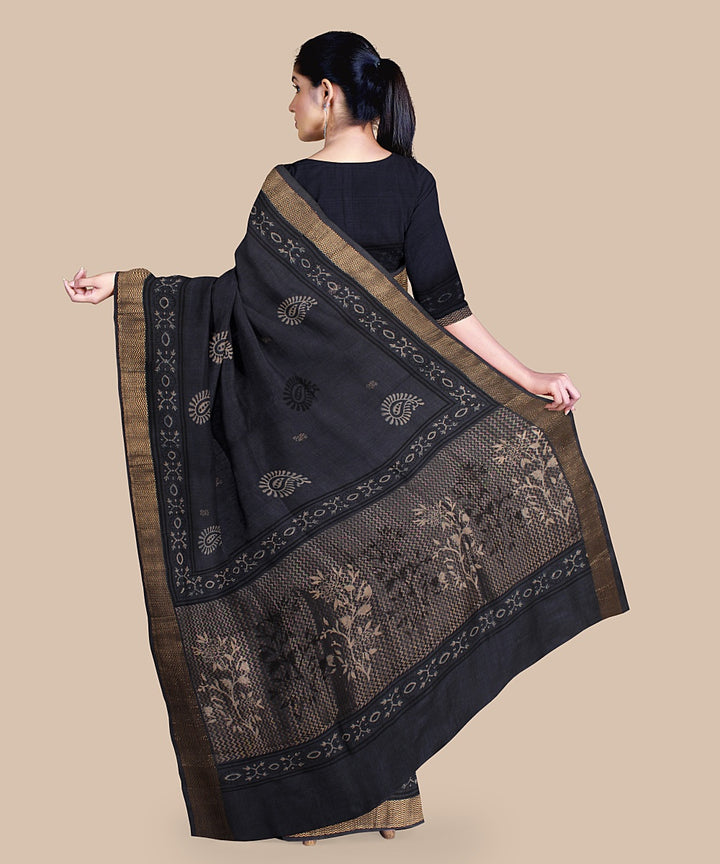 Grey beige black tussar silk hand printed chattisgarh saree