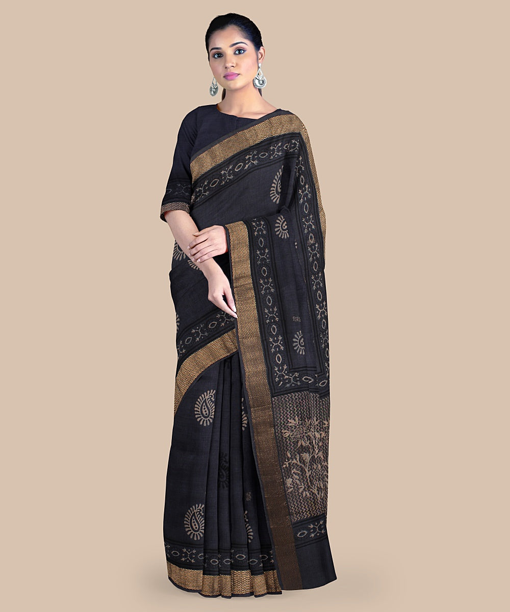 Grey beige black tussar silk hand printed chattisgarh saree