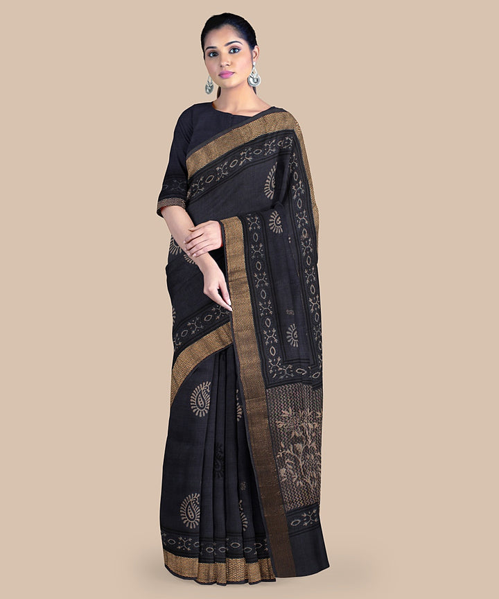 Grey beige black tussar silk hand printed chattisgarh saree