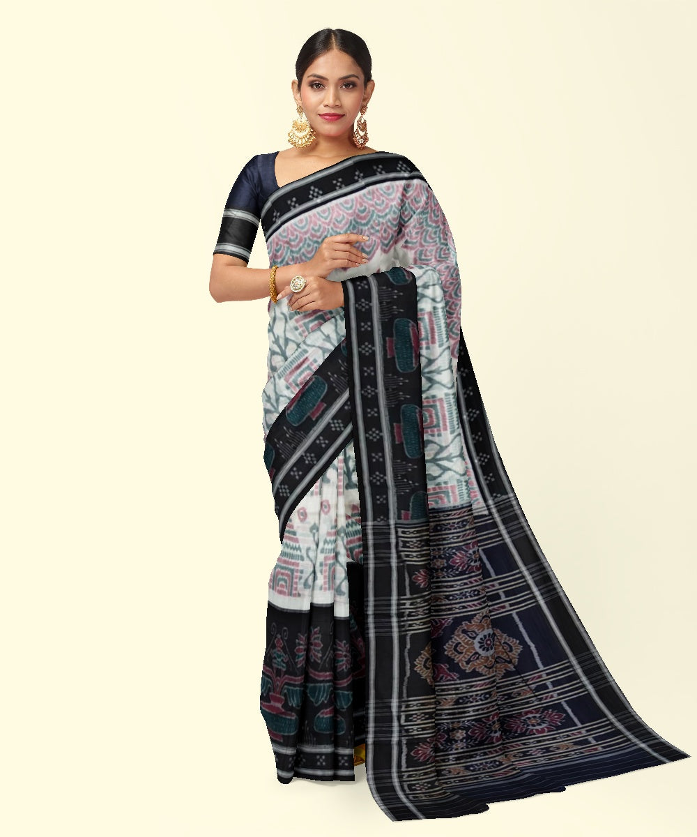 White black cotton handwoven sambalpuri saree