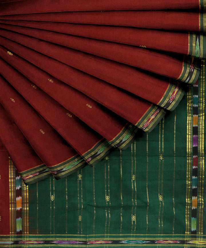 Red dark green cotton handwoven bandar saree