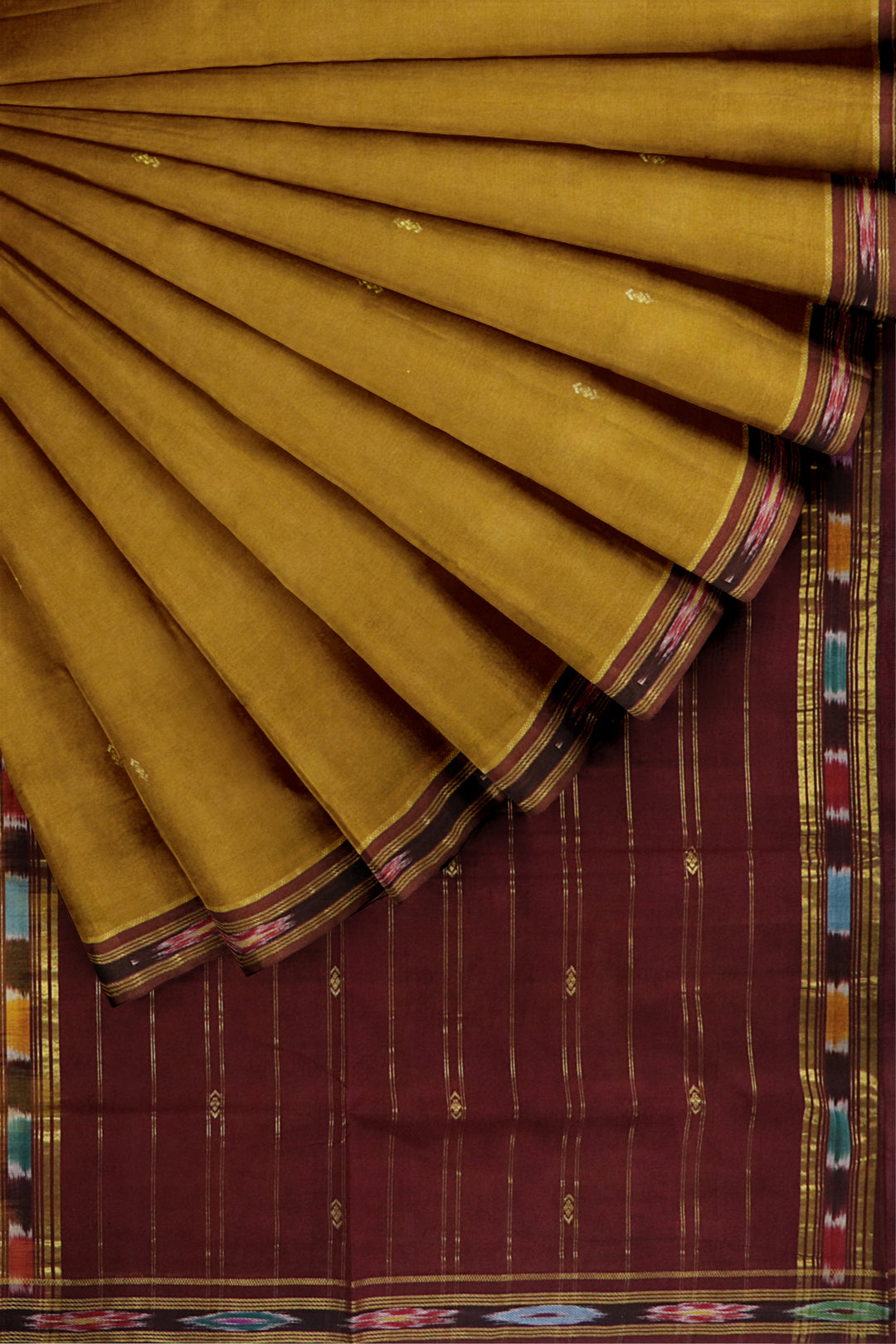 Tobacco yellow maroon cotton handwoven bandar saree