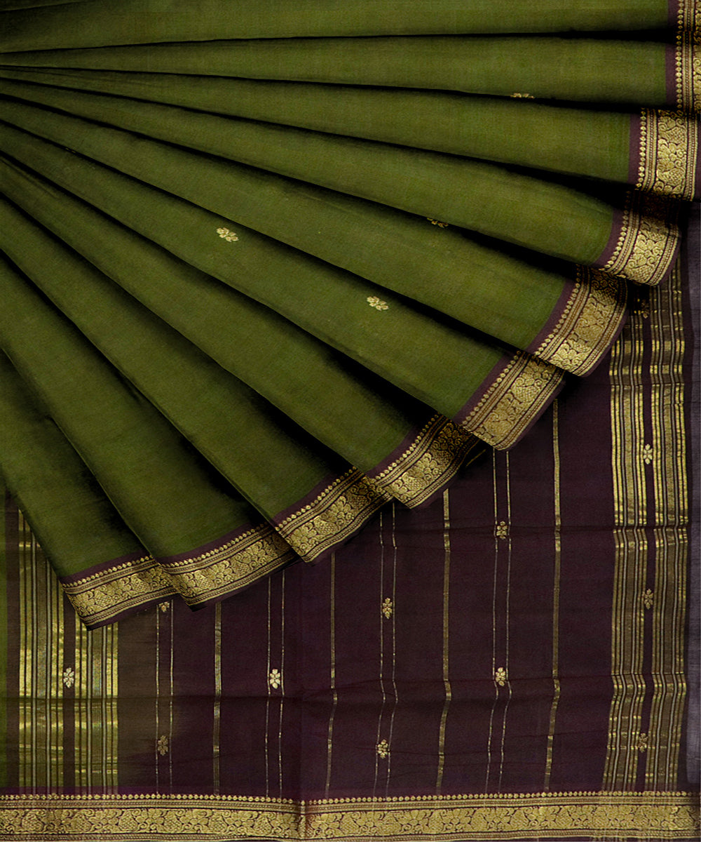 Army green maroon cotton handwoven bandar saree