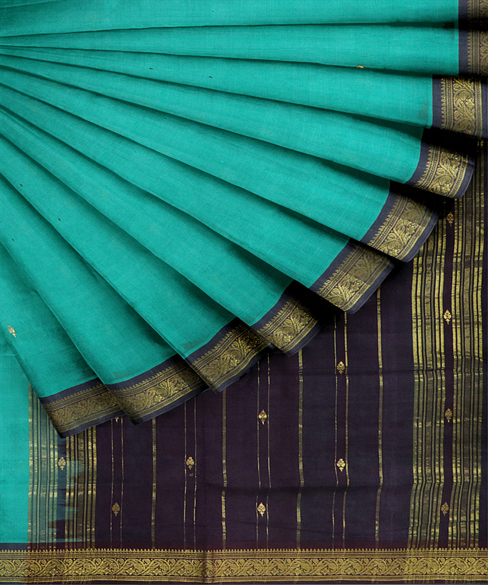 Cyan blue cotton handwoven bandar saree