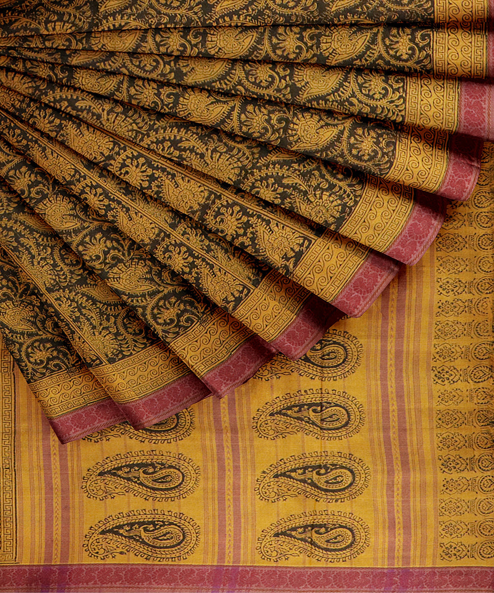 Yellow handwoven cotton kalamkari saree