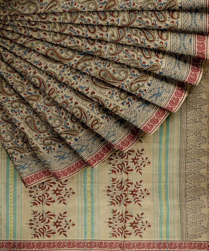 Red beige handwoven kalamkari cotton saree
