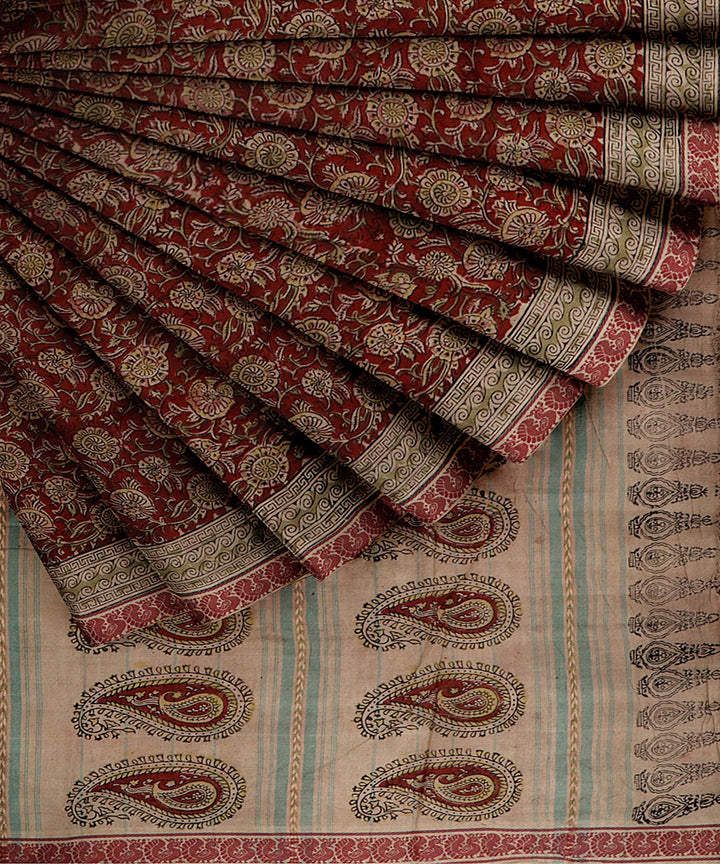 Red beige kalamkari handwoven cotton saree