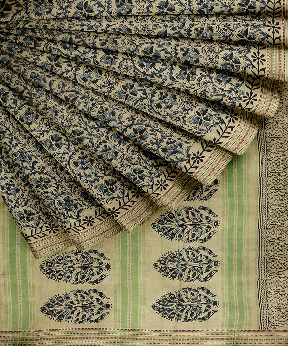 Light green kalamkari handwoven cotton saree