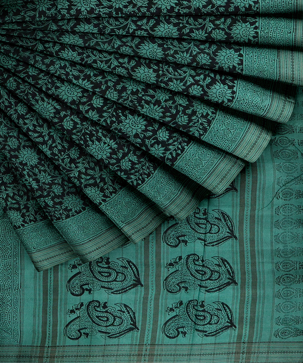 Sea green handwoven kalamkari cotton saree