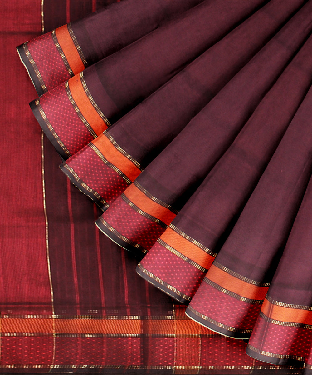 Dark maroon red maheshwari handloom cotton silk saree