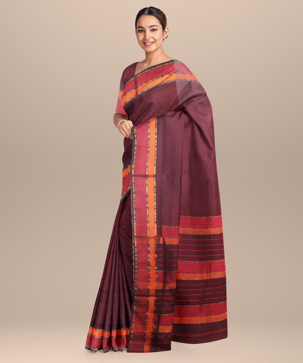 Dark maroon red maheshwari handloom cotton silk saree