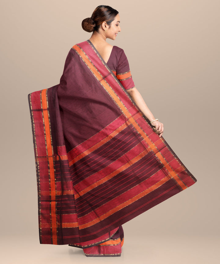 Dark maroon red maheshwari handloom cotton silk saree