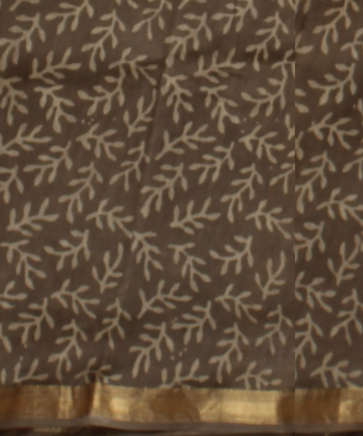 Beige yellow block printed cotton silk chanderi saree