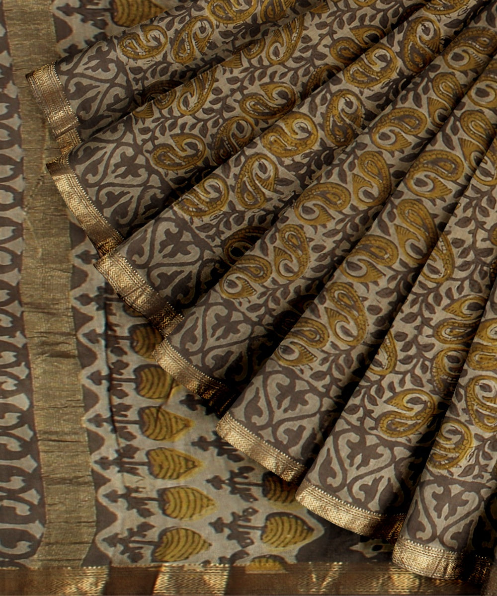 Beige yellow block printed cotton silk chanderi saree