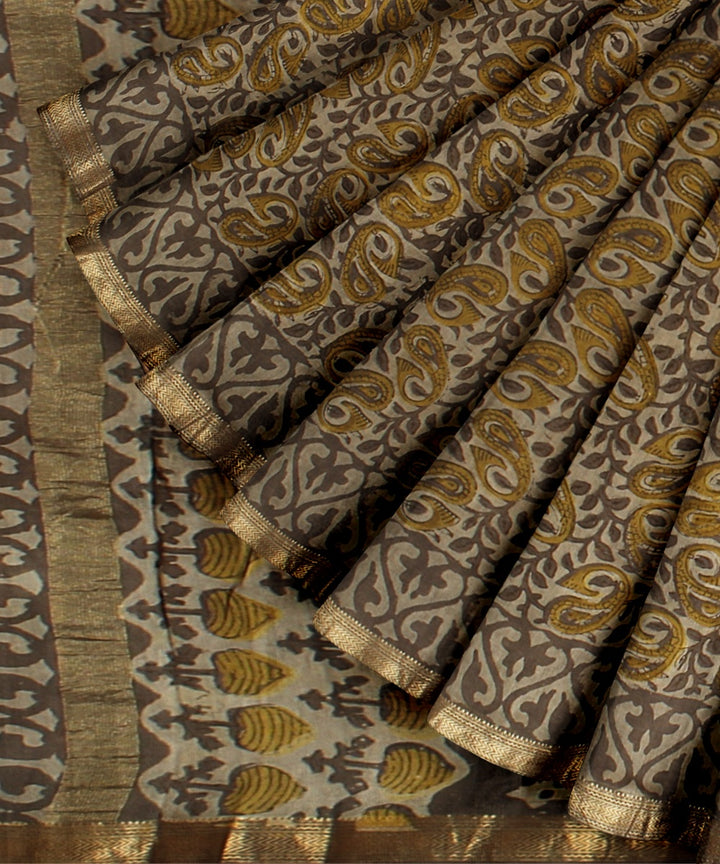 Beige yellow block printed cotton silk chanderi saree