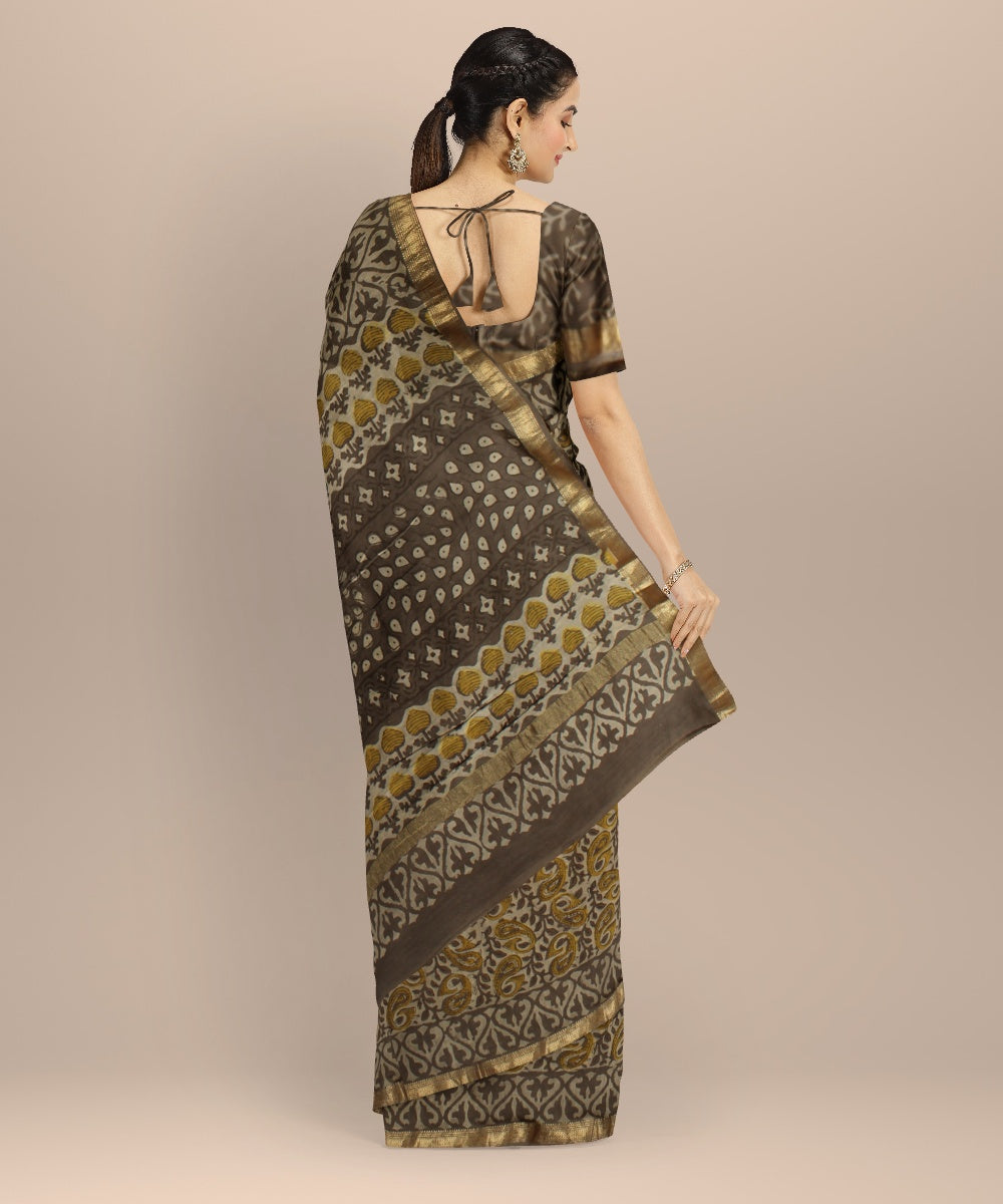 Beige yellow block printed cotton silk chanderi saree
