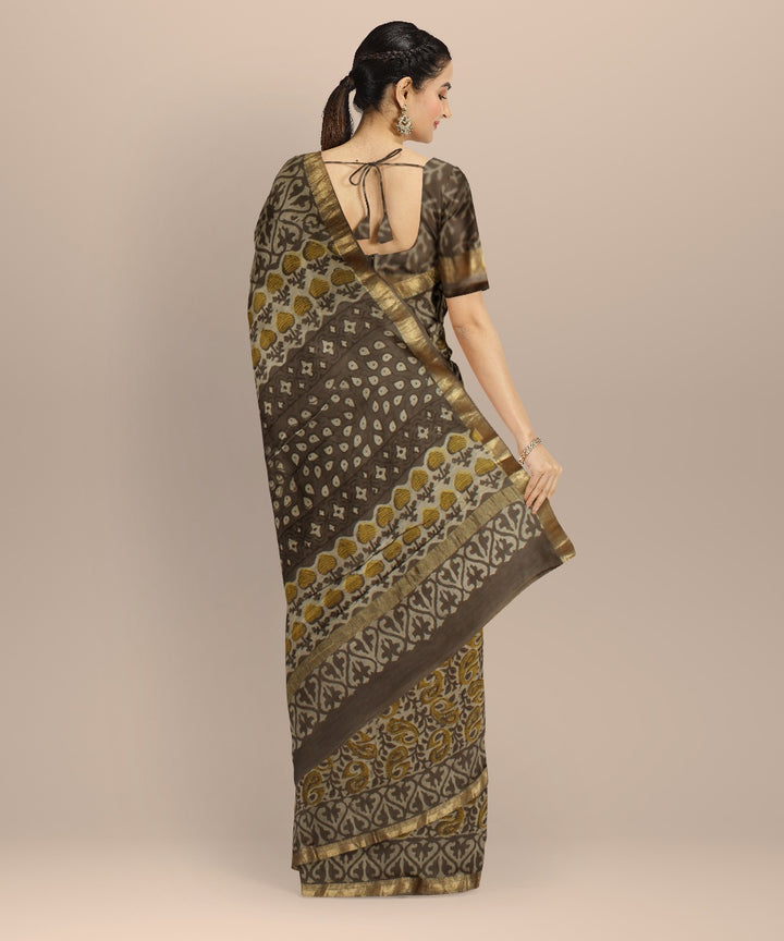 Beige yellow block printed cotton silk chanderi saree