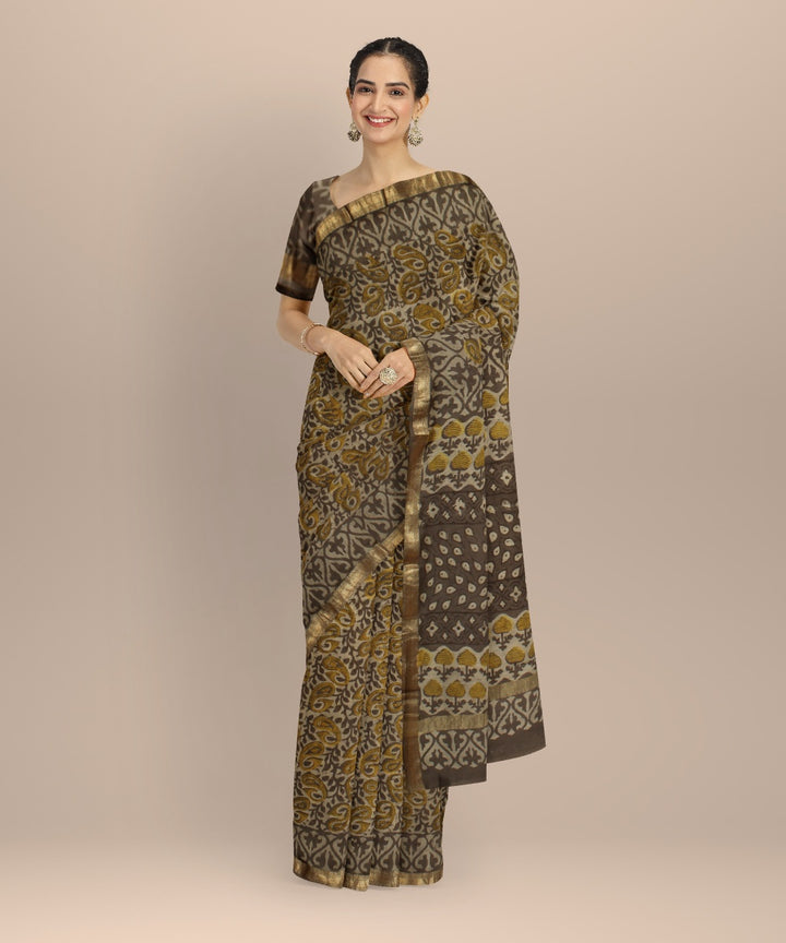 Beige yellow block printed cotton silk chanderi saree