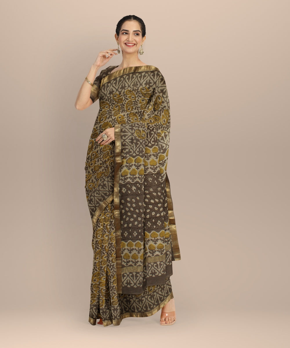 Beige yellow block printed cotton silk chanderi saree