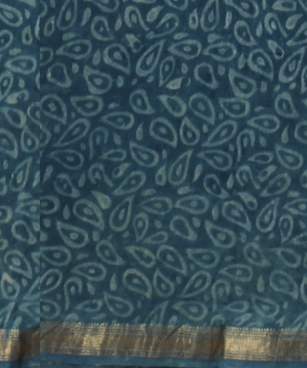 Sky blue yellow block print cotton silk chanderi saree