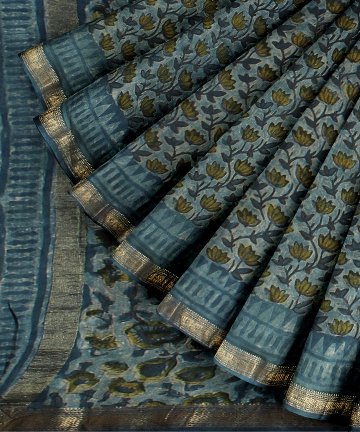 Sky blue yellow block print cotton silk chanderi saree