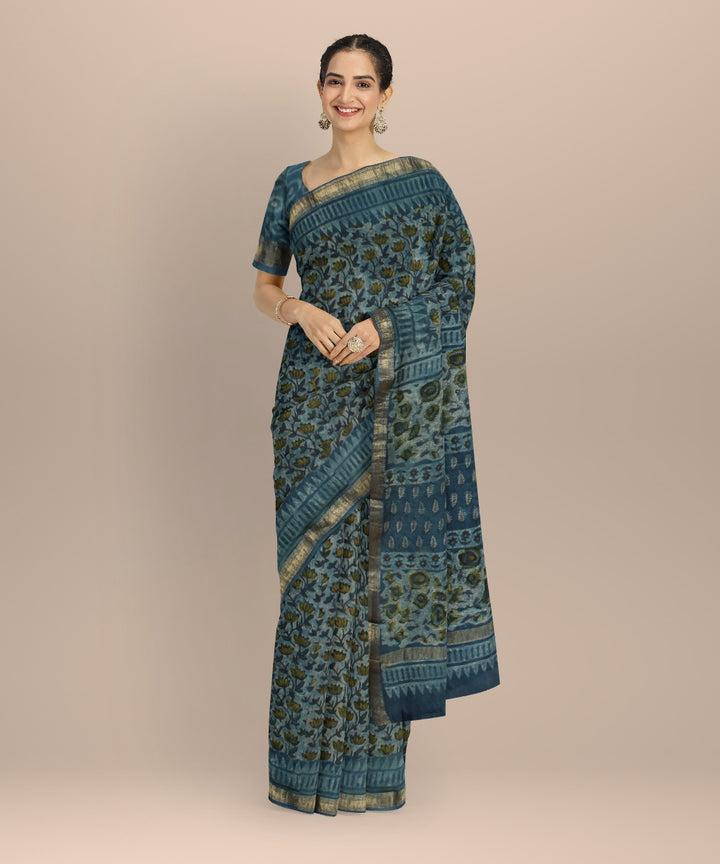 Sky blue yellow block print cotton silk chanderi saree