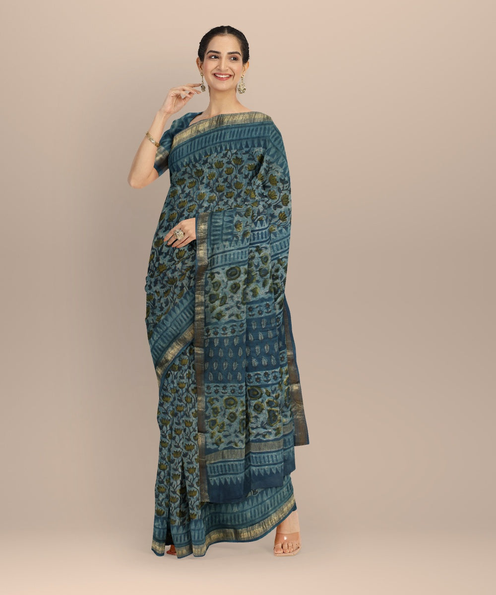 Sky blue yellow block print cotton silk chanderi saree