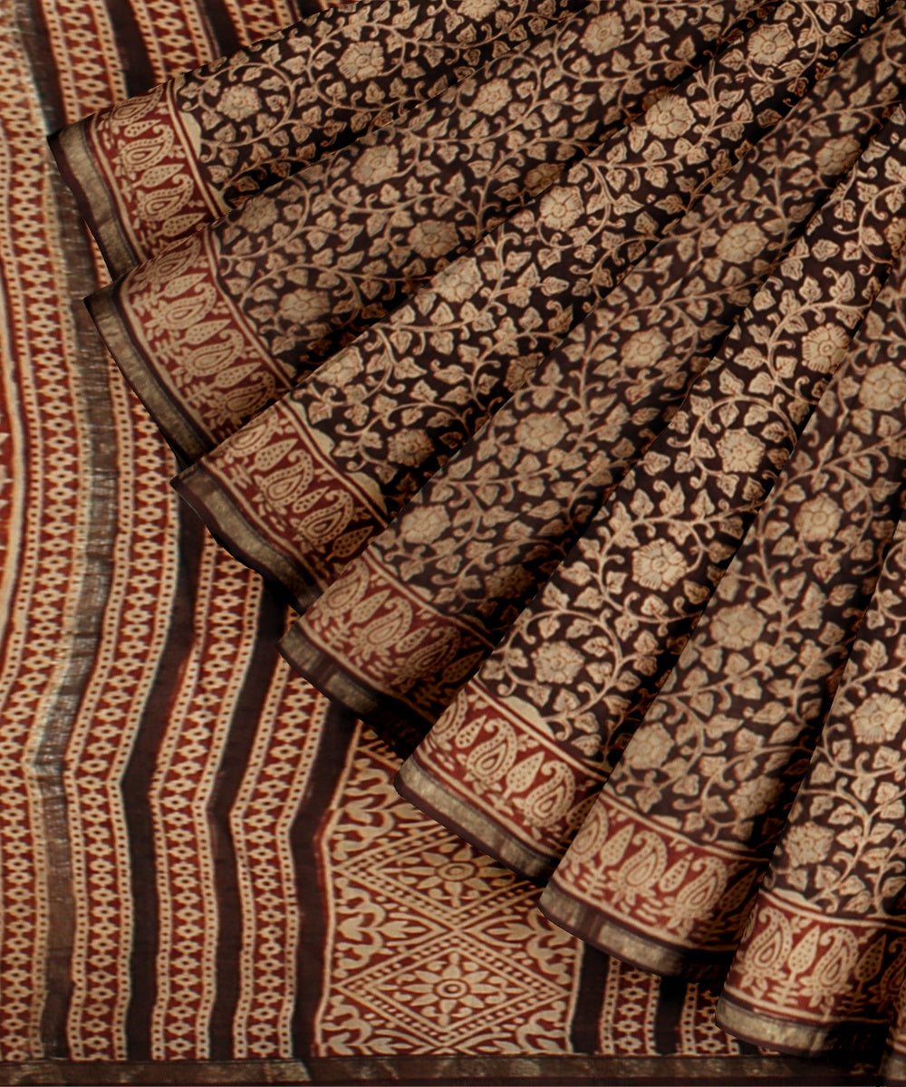 Beige black cotton silk block print chanderi saree