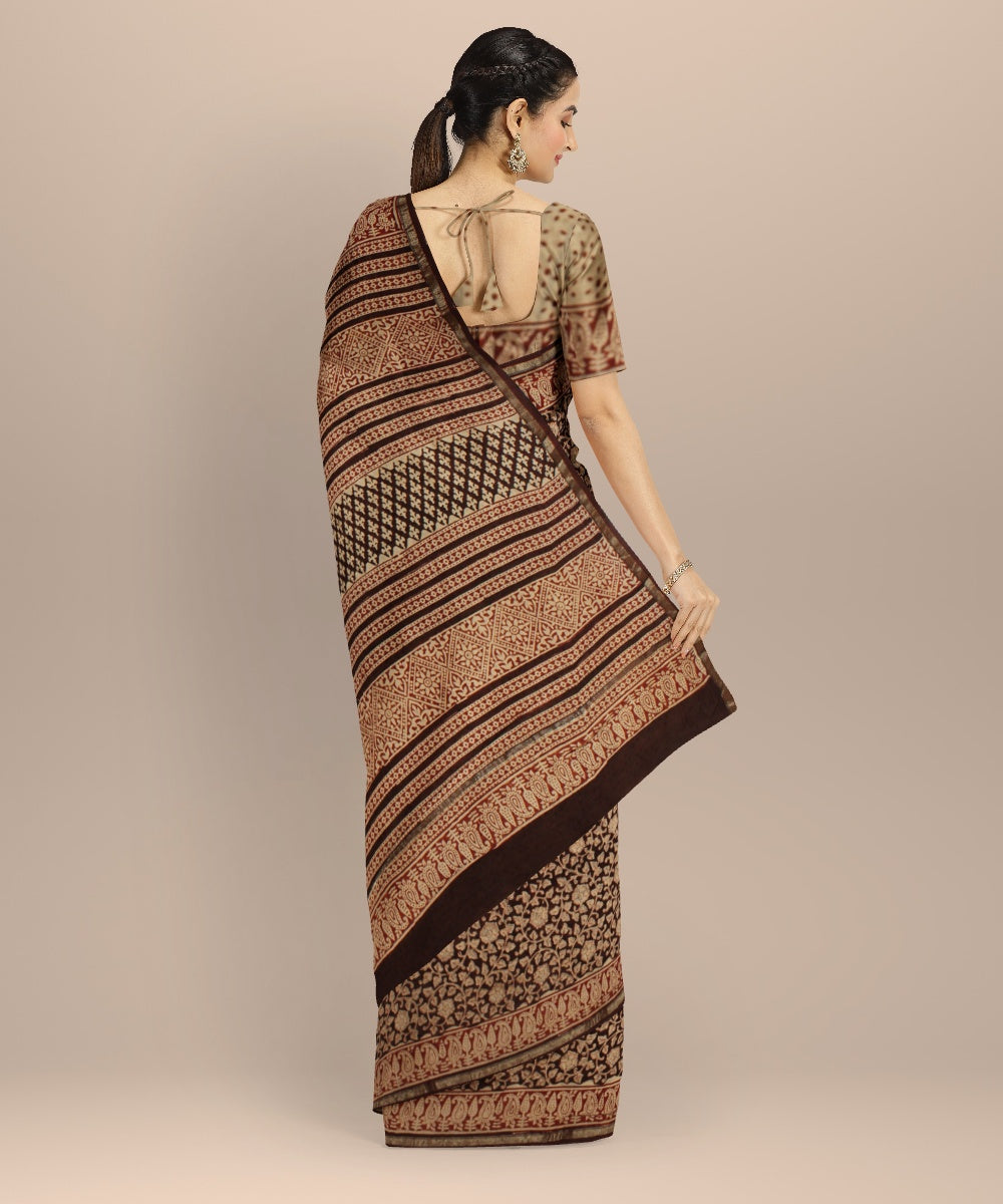 Beige black cotton silk block print chanderi saree