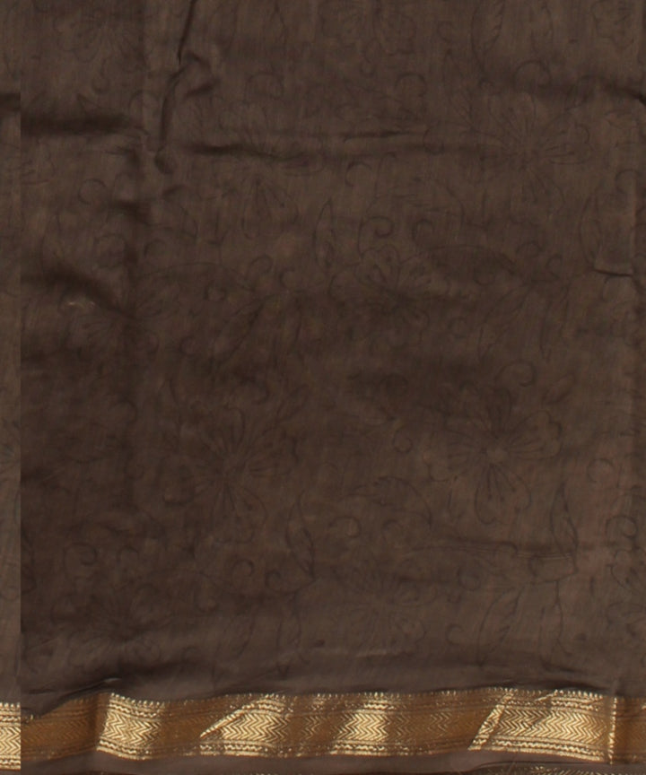 Beige brown block print cotton silk chanderi saree