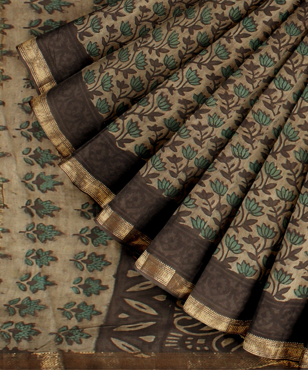 Beige brown block print cotton silk chanderi saree
