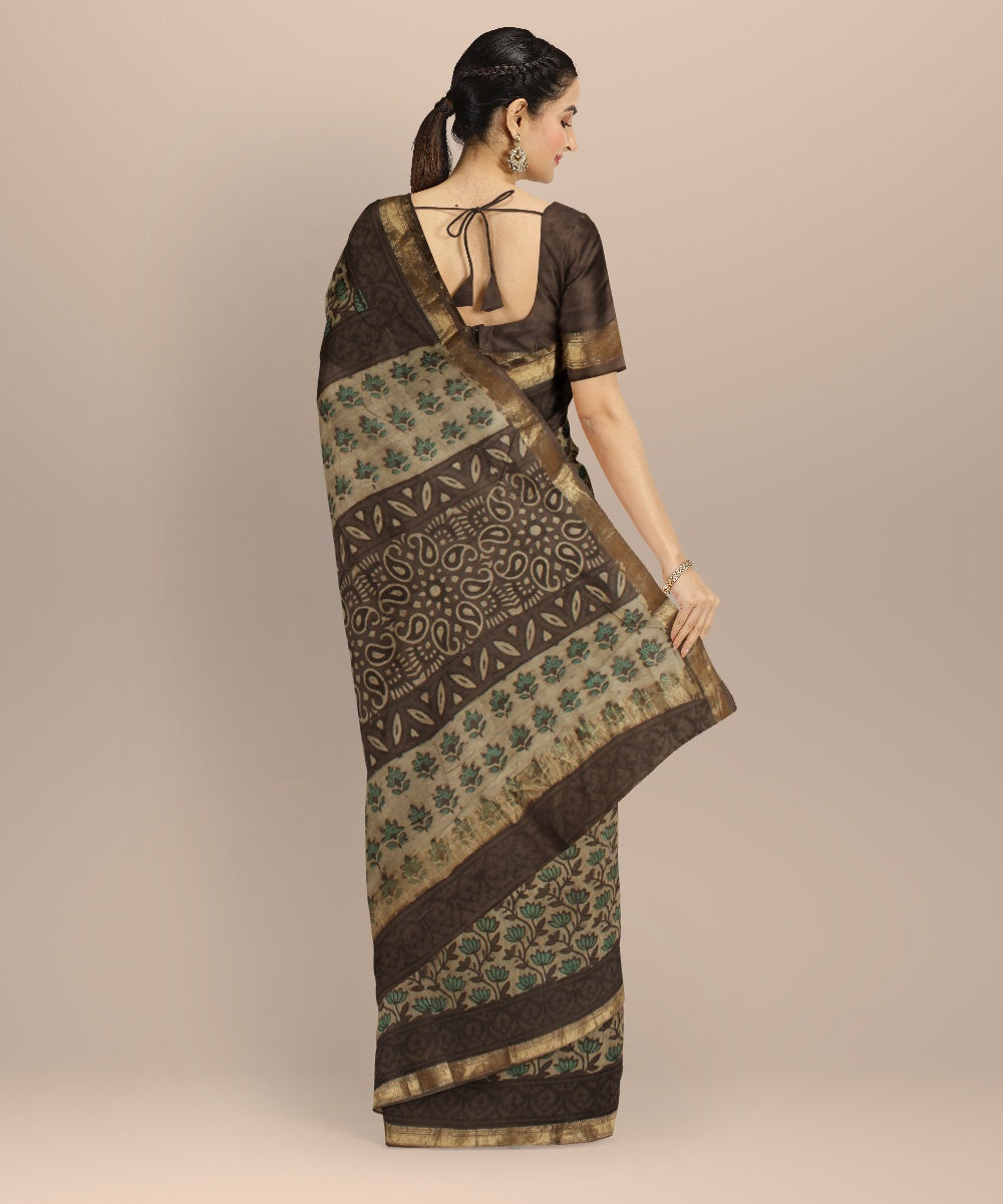 Beige brown block print cotton silk chanderi saree