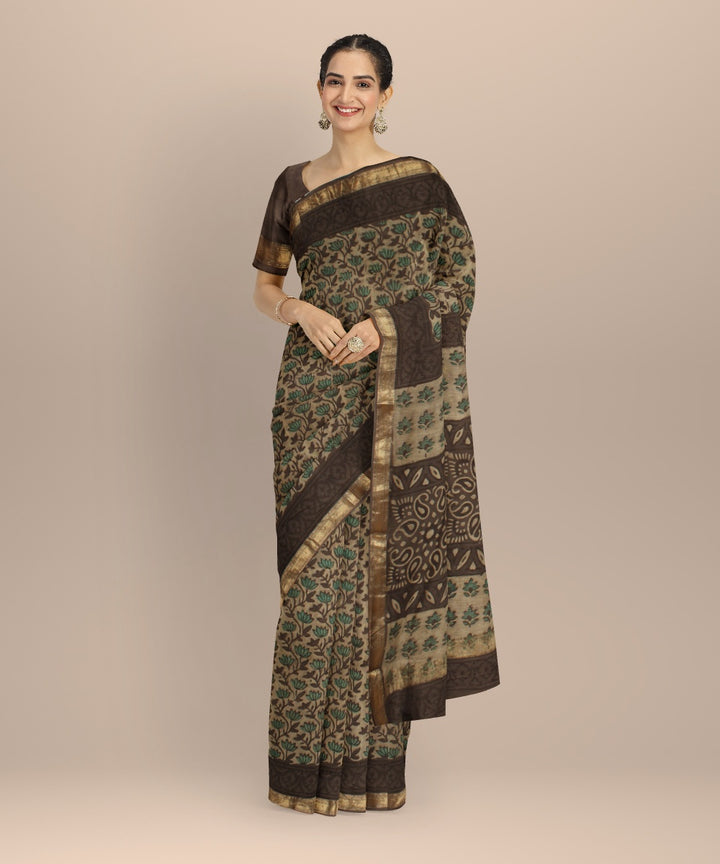 Beige brown block print cotton silk chanderi saree