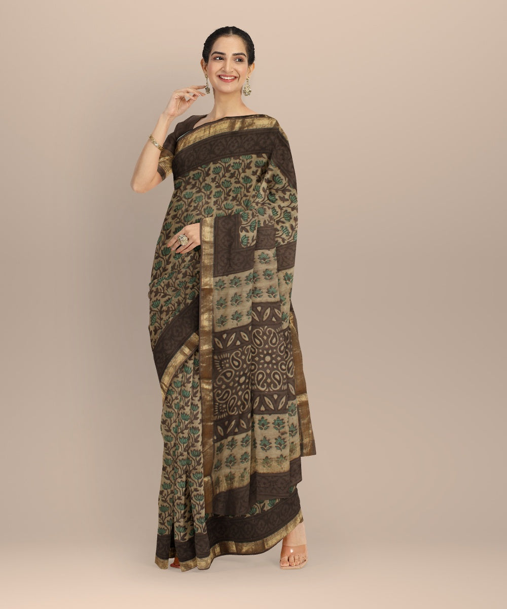 Beige brown block print cotton silk chanderi saree
