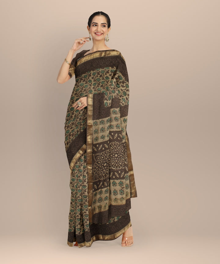 Beige brown block print cotton silk chanderi saree