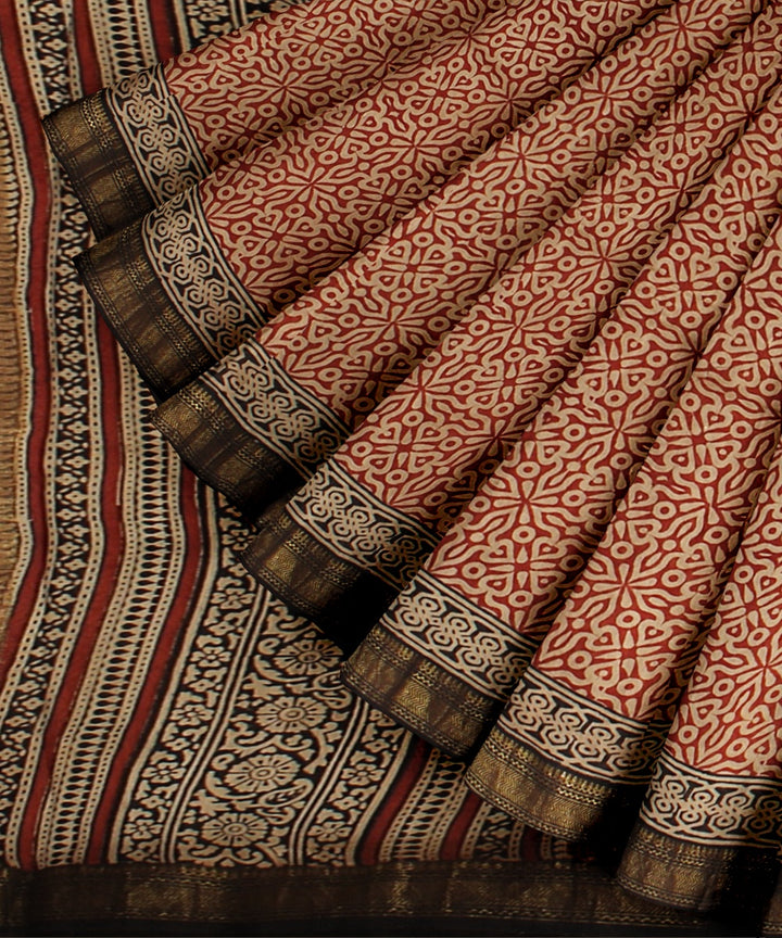 Beige red block print chanderi cotton silk saree
