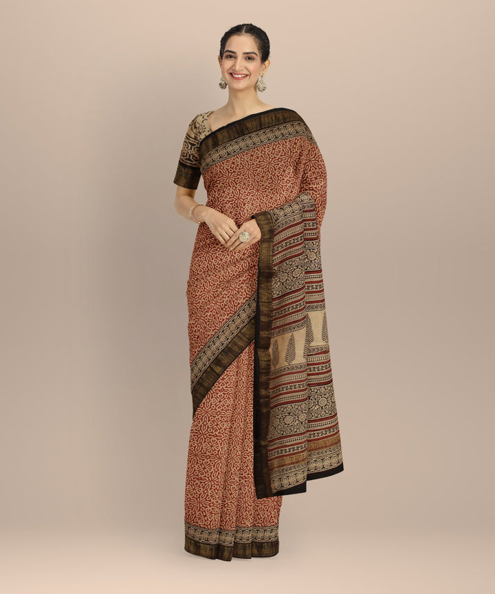 Beige red block print chanderi cotton silk saree