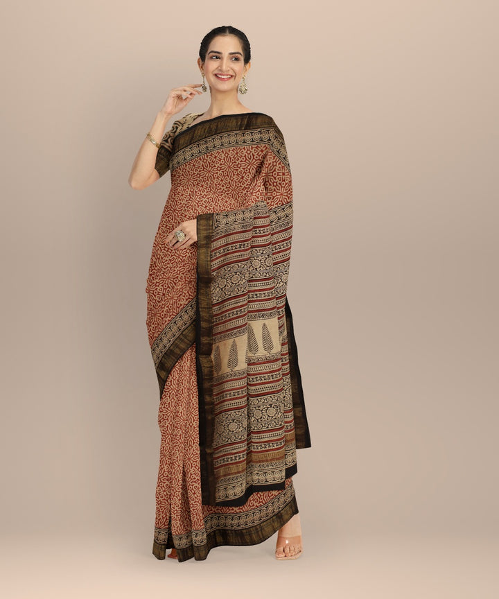 Beige red block print chanderi cotton silk saree